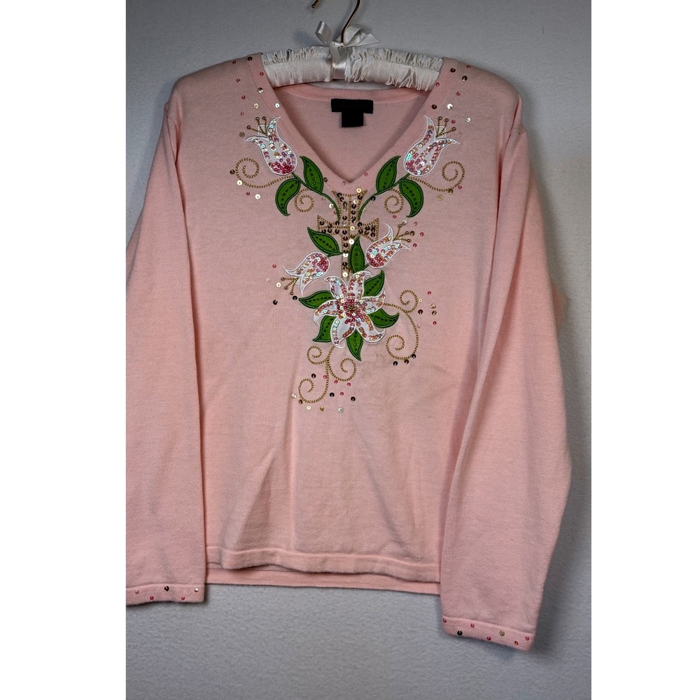 Bobbie Bell Sweater Women Large Pink Excellent Floral Sequin Cross V-Neck Knit